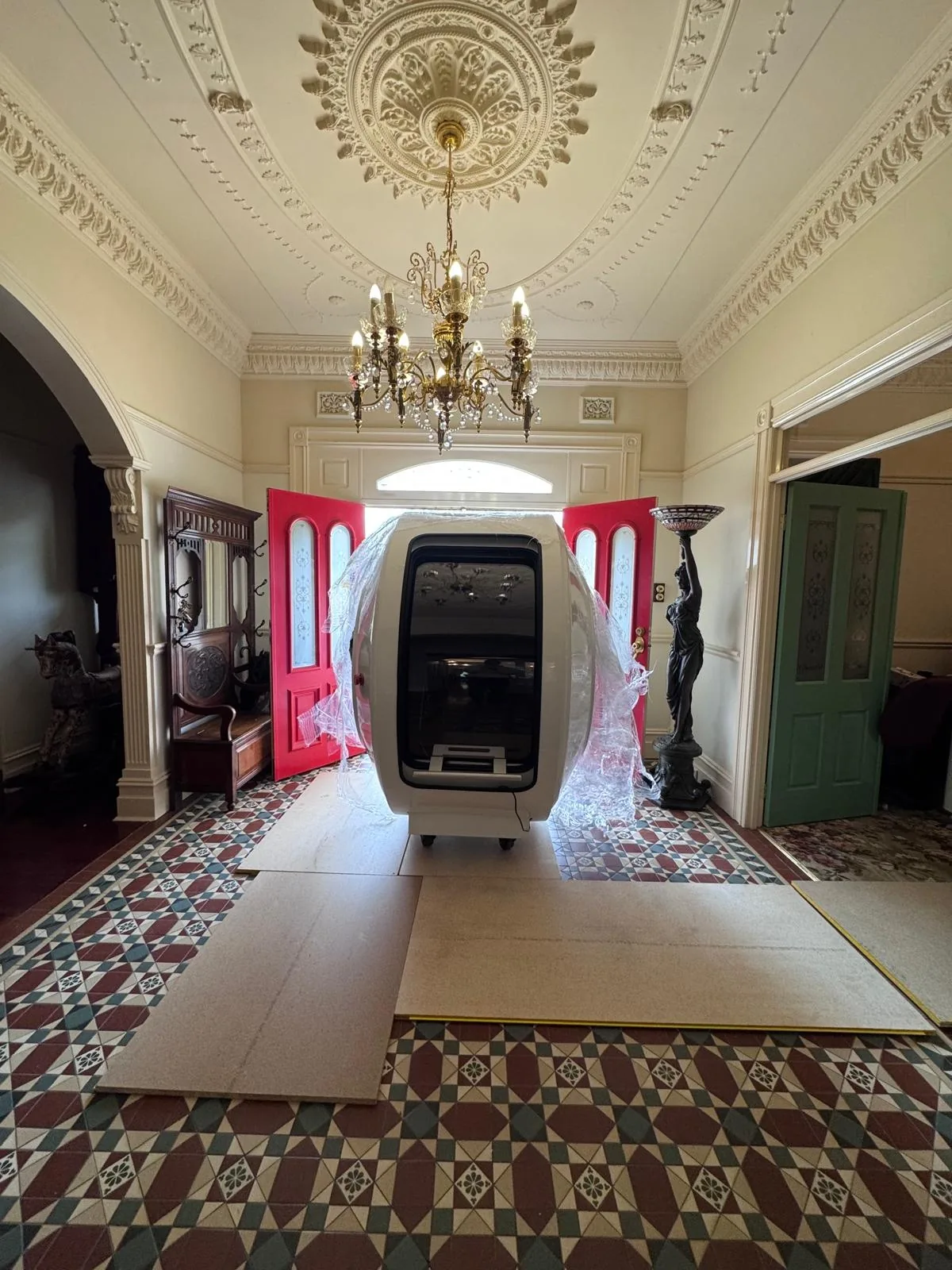 On boards through the entrance hall