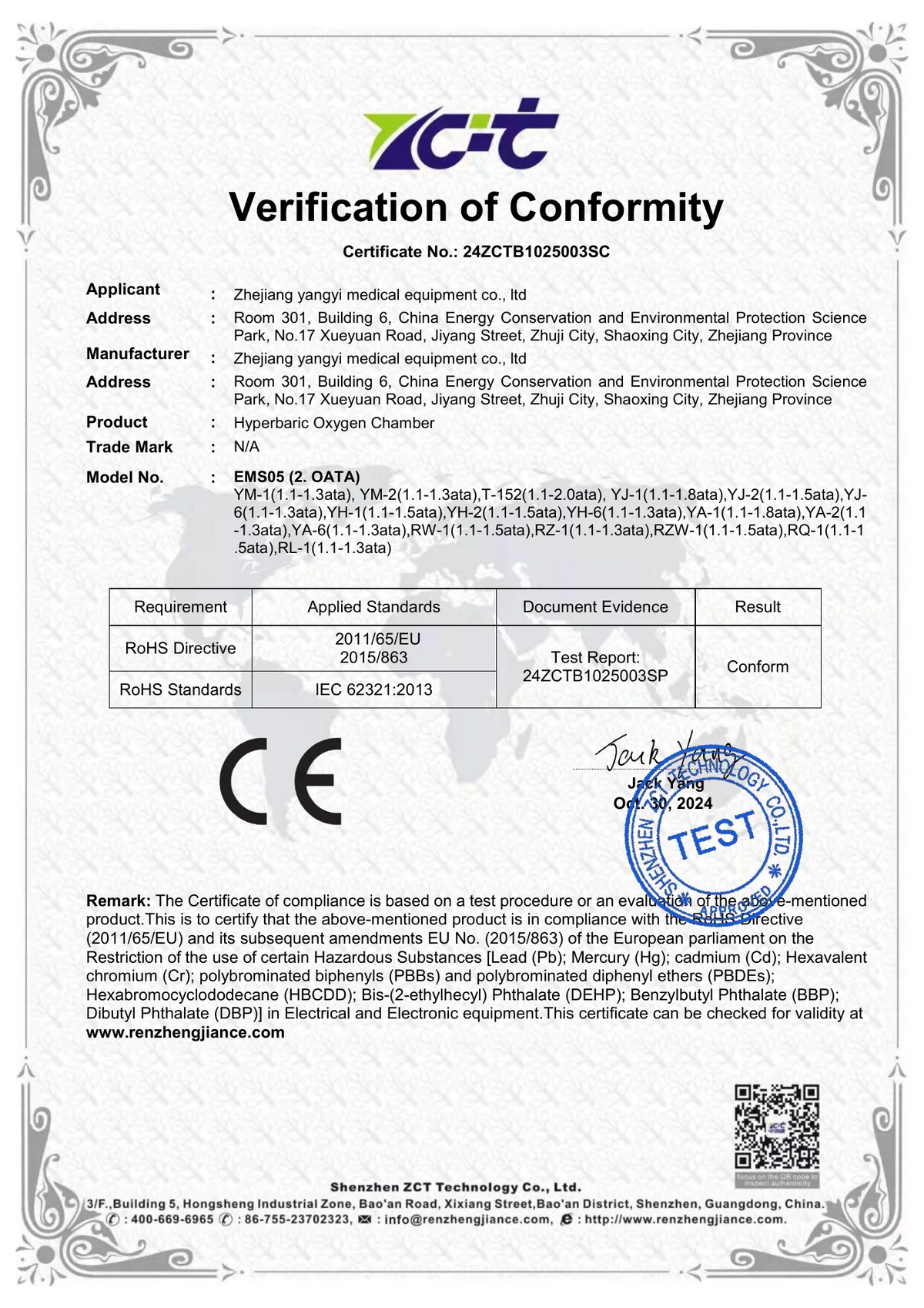 Verification of Conformity — RoHS Directive 2011/65/EU and (EU) 2015/863 — first page